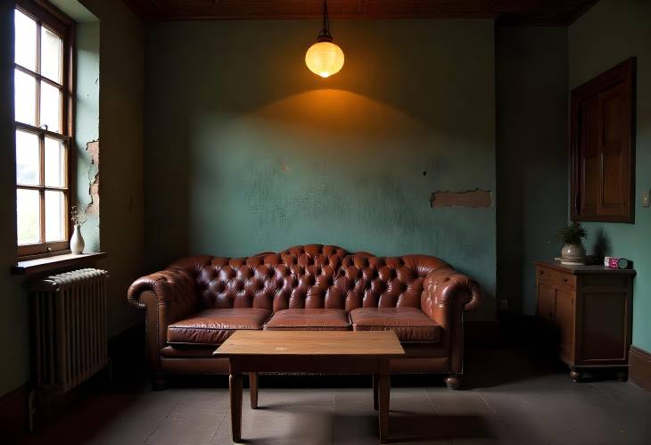 Cozy Vintage Interior with Leather Couch, Wooden Table, and Hanging Light